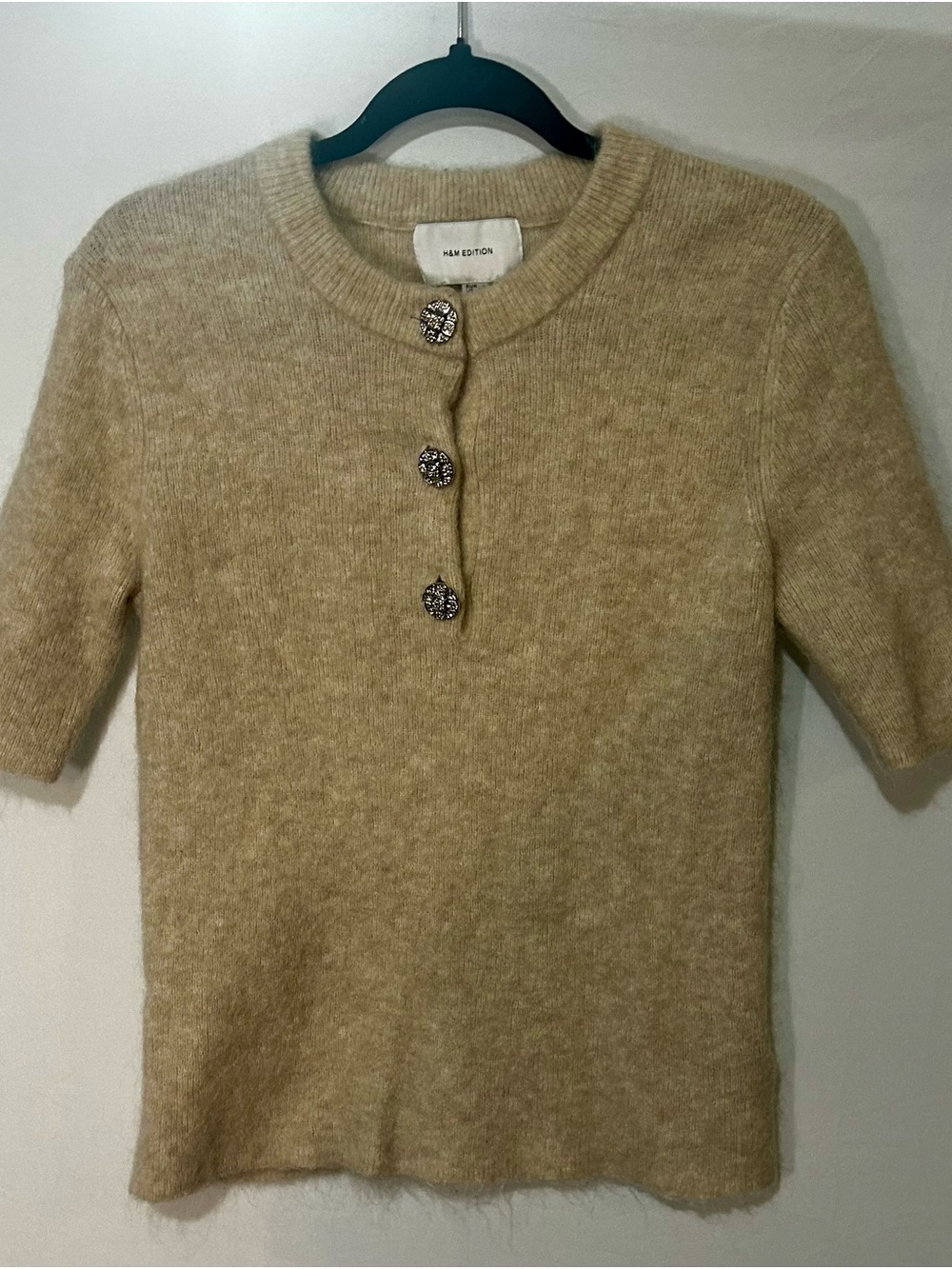 H&M Edition Mohair Blend Rhinestone Button Short Sleeve Sweater L - Picture 2 of 8